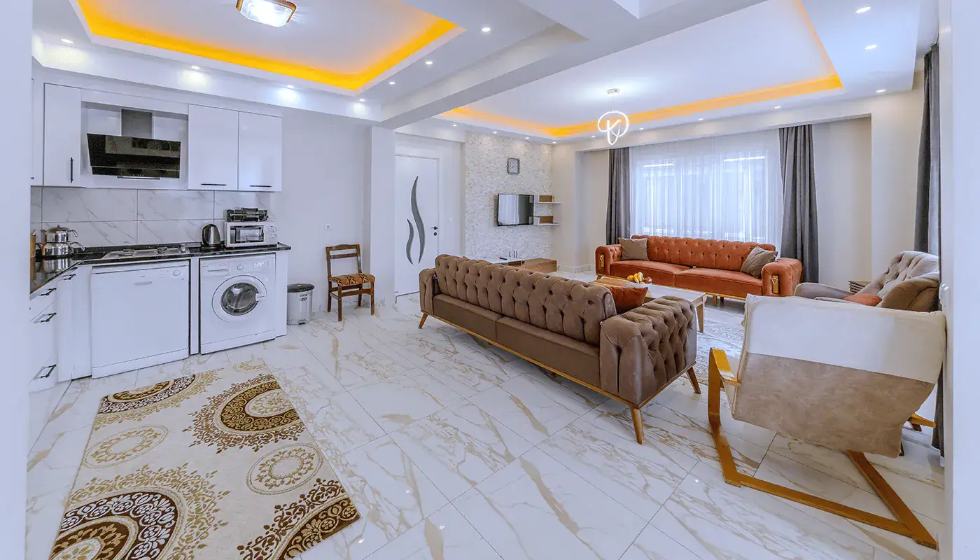 Dündar Termal VIP villanın oturma alanı ve mutfağı